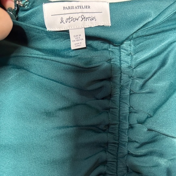 & Other Stories green gathered satin midi skirt - Picture 8 of 11